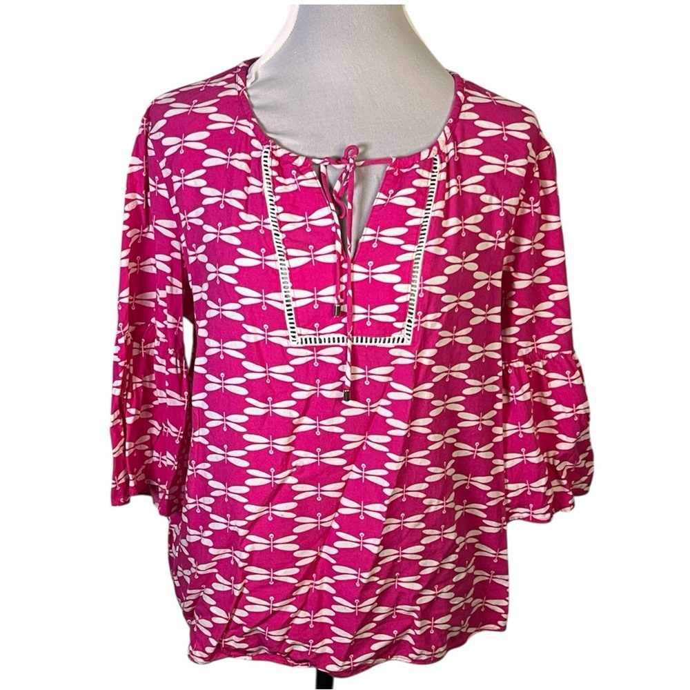 Pappagallo Sz L Pink White Dragon Fly Bell Sleeve Blouse Top Tunic Beach Resort - Picture 2 of 13